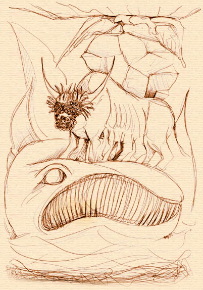 Illustration of Bahamut for The Book of Imaginary Beings by the graduate students in the Department of Illustration and Art of the Book at the Vakalo School of Art and Design in Athens, Greece.